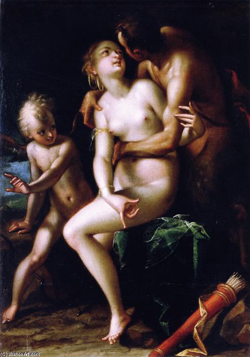 Wikioo.org - The Encyclopedia of Fine Arts - Painting, Artwork by Hans Von Aachen - Venus and Cupid with a Satyr