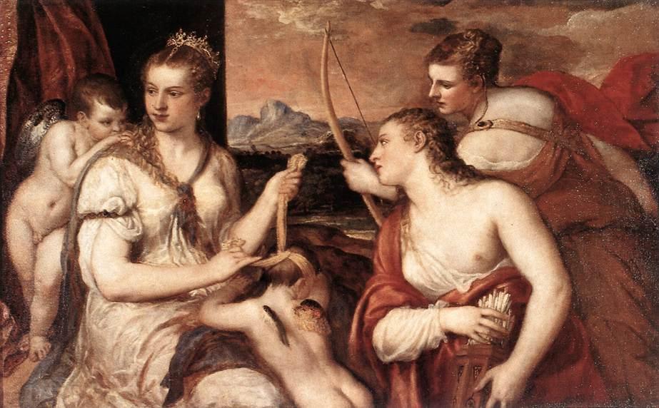 Wikioo.org - The Encyclopedia of Fine Arts - Painting, Artwork by Tiziano Vecellio (Titian) - Venus Blindfolding Cupid