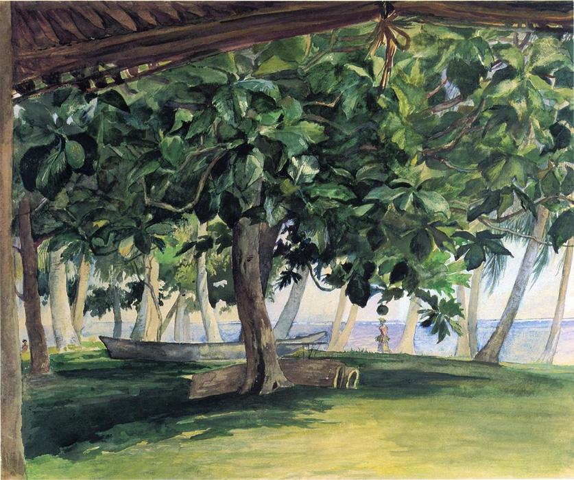 Wikioo.org - The Encyclopedia of Fine Arts - Painting, Artwork by John La Farge - View from Hut, at Vaiala in Upolu, Bread Fruit Tree, War Drums and Canoe, Nov. 19th, 1890
