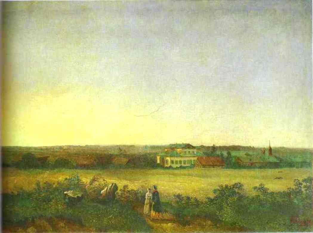 Wikioo.org - The Encyclopedia of Fine Arts - Painting, Artwork by Alexei Kondratyevich Savrasov - View in the Vicinity of Moscow with a Mansion and Two Female Figures