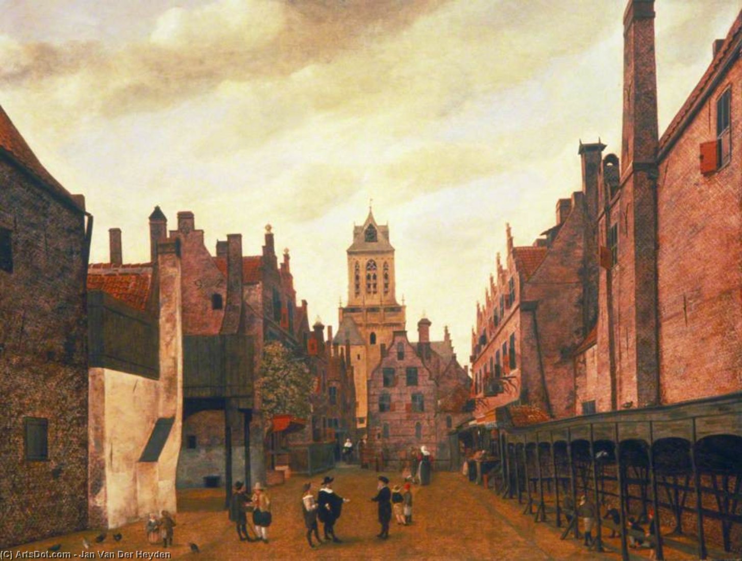 Wikioo.org - The Encyclopedia of Fine Arts - Painting, Artwork by Jan Van Der Heyden - View of the Boterbrug with the Tower of the Stadhuis, Delft, Holland