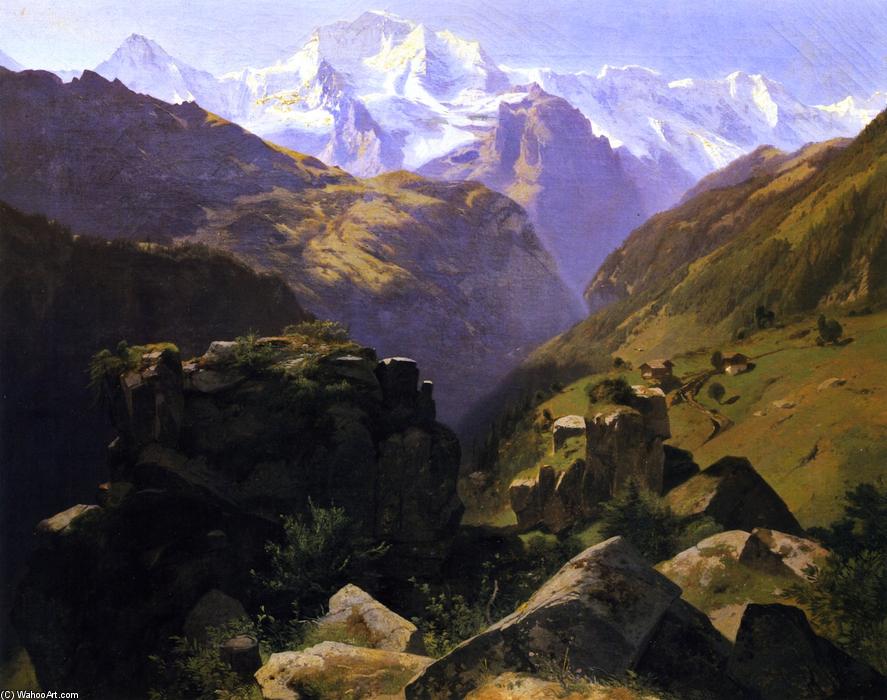 Wikioo.org - The Encyclopedia of Fine Arts - Painting, Artwork by Alexandre Calame - A View of the Jungfrau Massif seen from Above, Interlaken