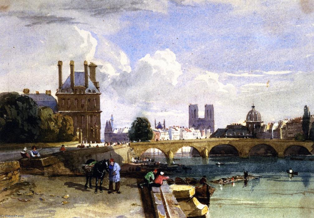 Wikioo.org - The Encyclopedia of Fine Arts - Painting, Artwork by David Cox - A View of the Pavillon de Flore and the Tuileries from the Seine, Notre Dame, Paris