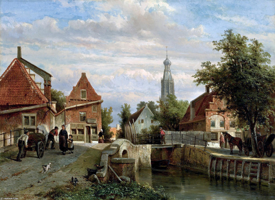 Wikioo.org - The Encyclopedia of Fine Arts - Painting, Artwork by Cornelius Springer - A view of the Staal Everspijp and the Grote Kerk in summer, Enkhuizen