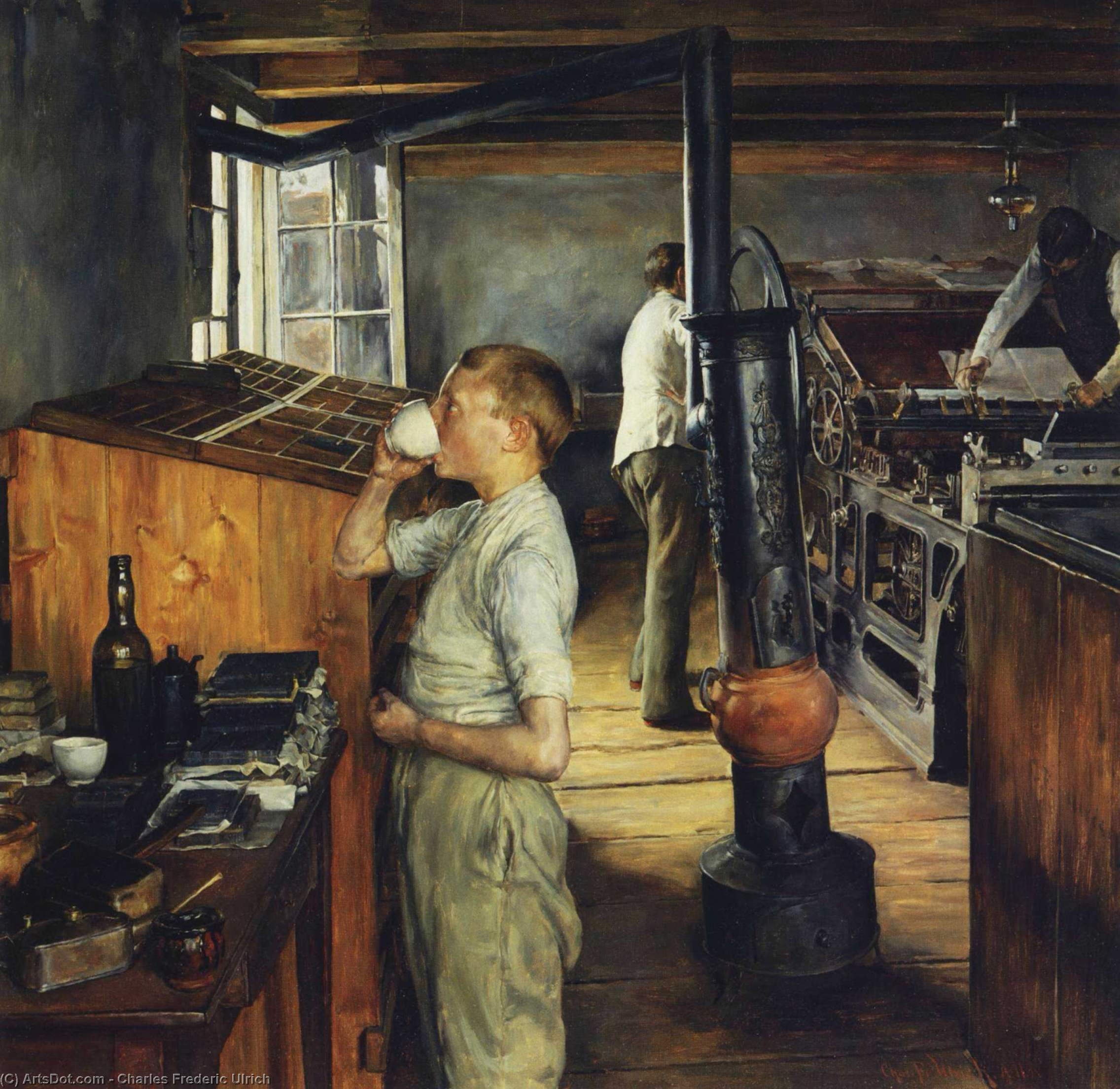Wikioo.org - The Encyclopedia of Fine Arts - Painting, Artwork by Charles Frederic Ulrich - The Village Printing Shop, Haarlem, Holland