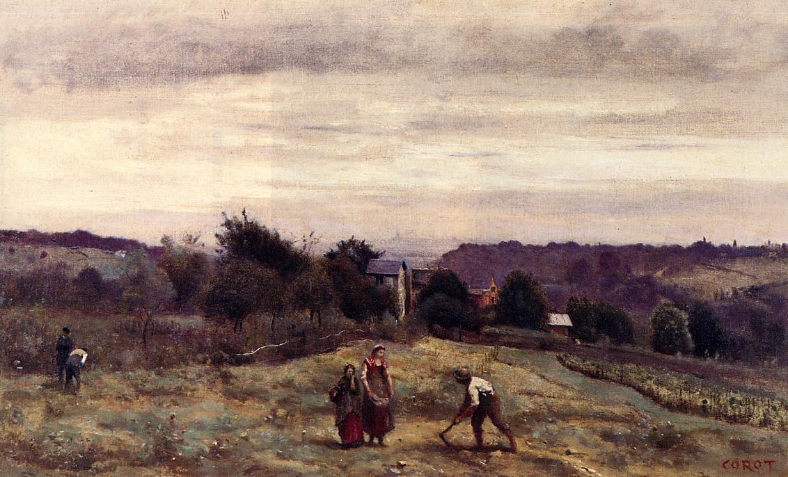 Wikioo.org - The Encyclopedia of Fine Arts - Painting, Artwork by Jean Baptiste Camille Corot - Ville d'Avray - the Heights: Peasants Working in a Field
