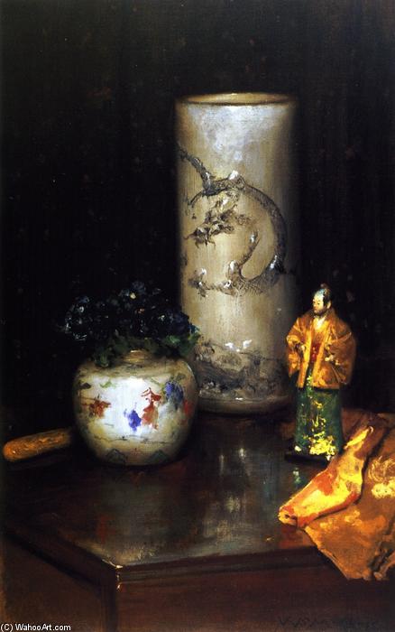 Wikioo.org - The Encyclopedia of Fine Arts - Painting, Artwork by William Merritt Chase - Violets and Still Life (also known as Still Life Violets, Still Life with Chinese Vase)