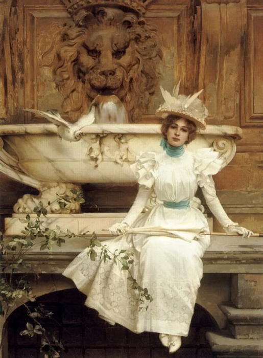 Wikioo.org - The Encyclopedia of Fine Arts - Painting, Artwork by Vittorio Matteo Corcos - Waiting by the Fountain
