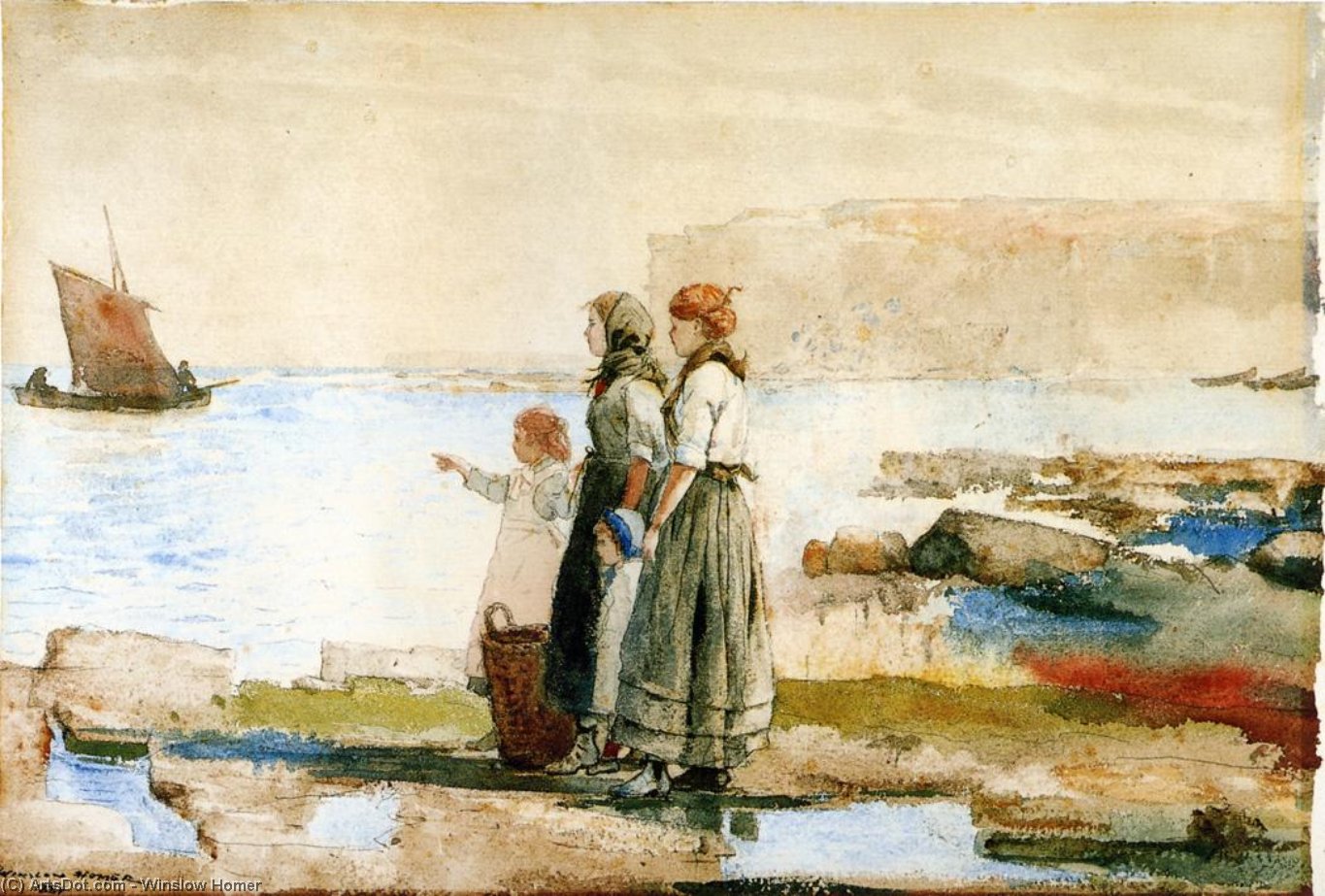 Wikioo.org – La Enciclopedia de las Bellas Artes - Pintura, Obras de arte de Winslow Homer - esperar el  regreso  todaclasede  el  pesca  Flota