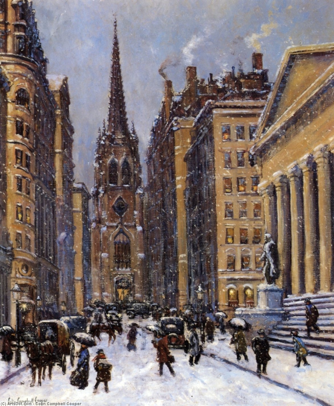 Wikioo.org - The Encyclopedia of Fine Arts - Painting, Artwork by Colin Campbell Cooper - Wall Street Facing Trinity Church