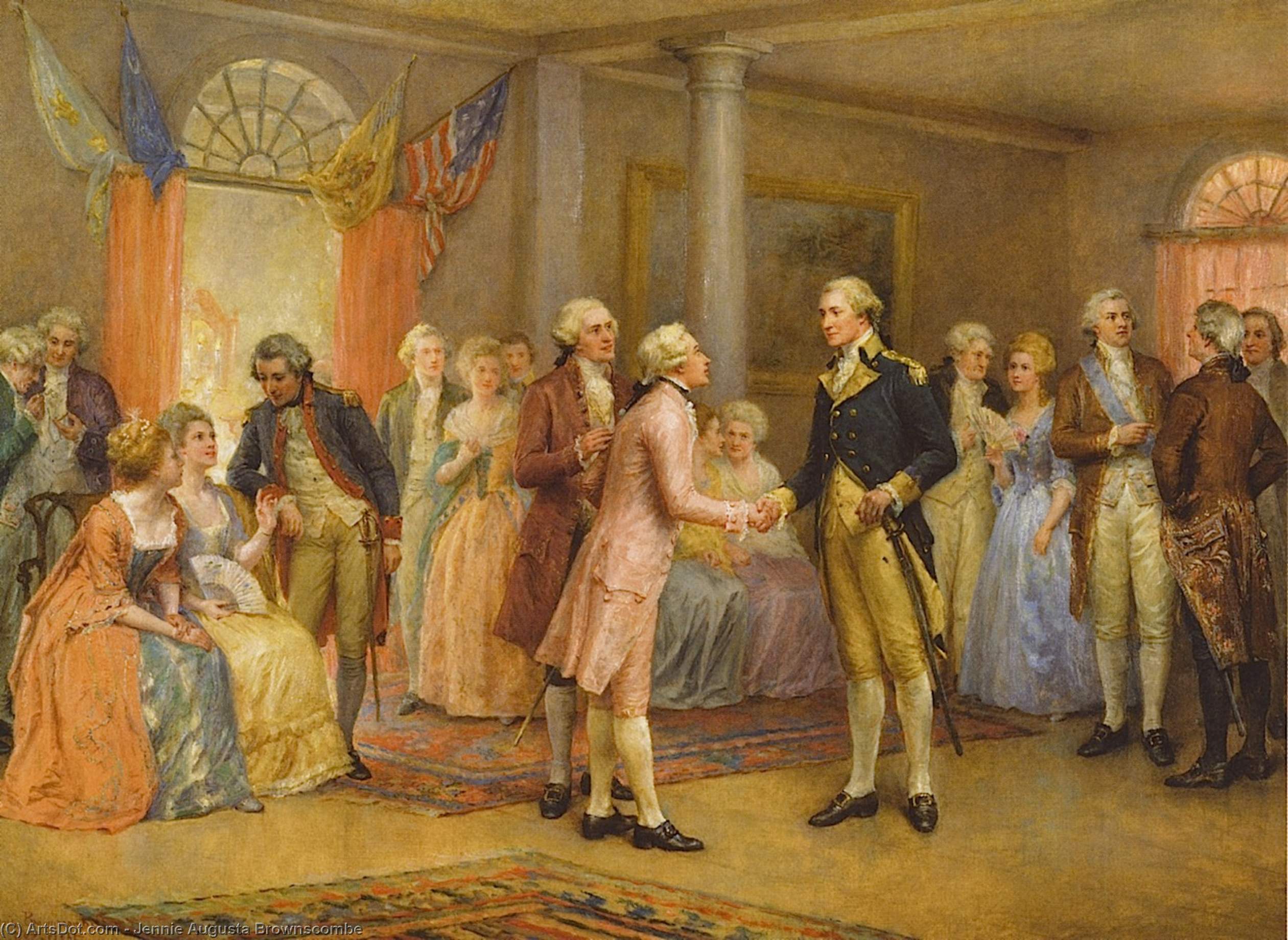 Wikioo.org - The Encyclopedia of Fine Arts - Painting, Artwork by Jennie Augusta Brownscombe - Washington Greeting Lafayette at Mount Vernon, 1784