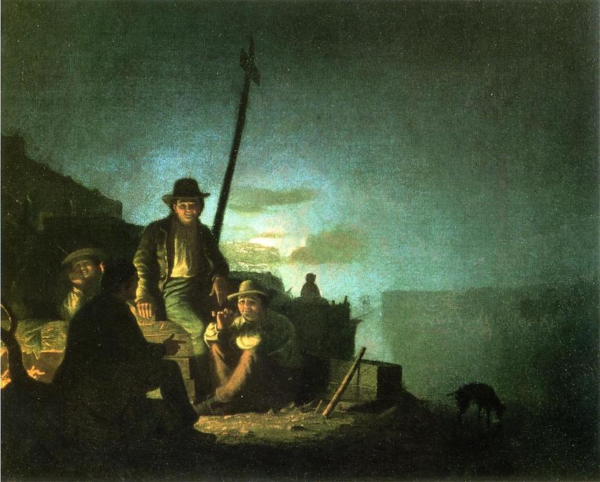 WikiOO.org - אנציקלופדיה לאמנויות יפות - ציור, יצירות אמנות George Caleb Bingham - Watching the Cargo at Night (also known as Raftsmen at Night)