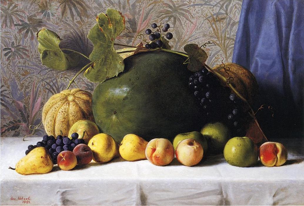 Wikioo.org - The Encyclopedia of Fine Arts - Painting, Artwork by George Hetzel - Watermelon, Cantaloupes, Grapes and Apples