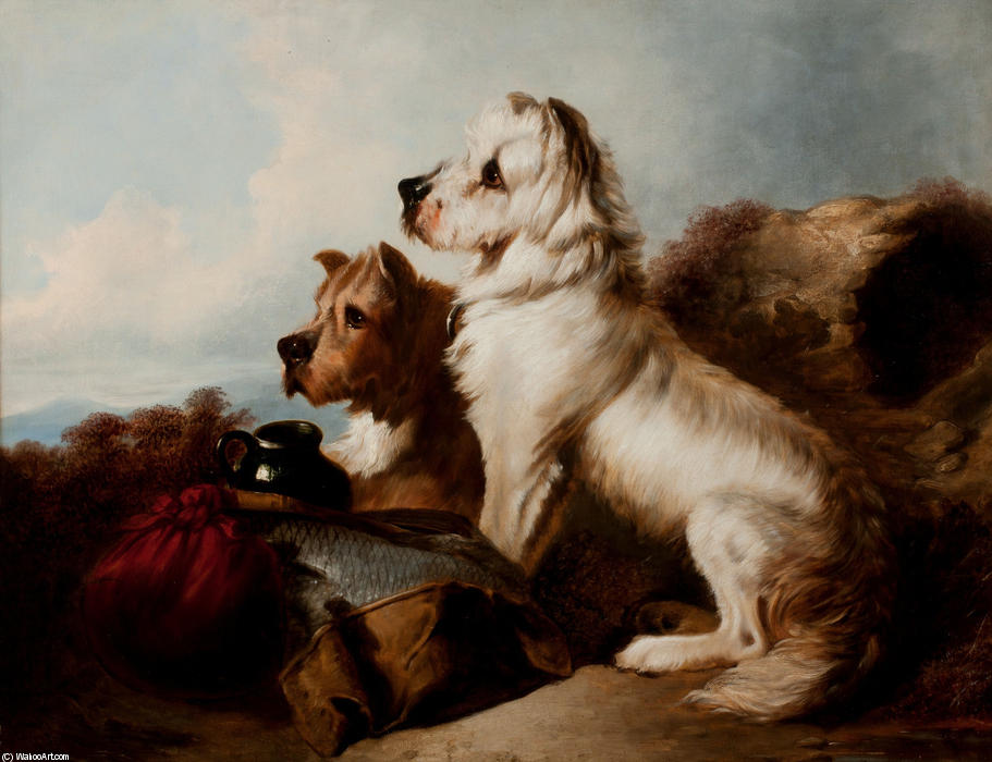 Wikioo.org - The Encyclopedia of Fine Arts - Painting, Artwork by Richard Ansdell - A West Highland White and a Skye Terrier Guarding the Day?s Bag