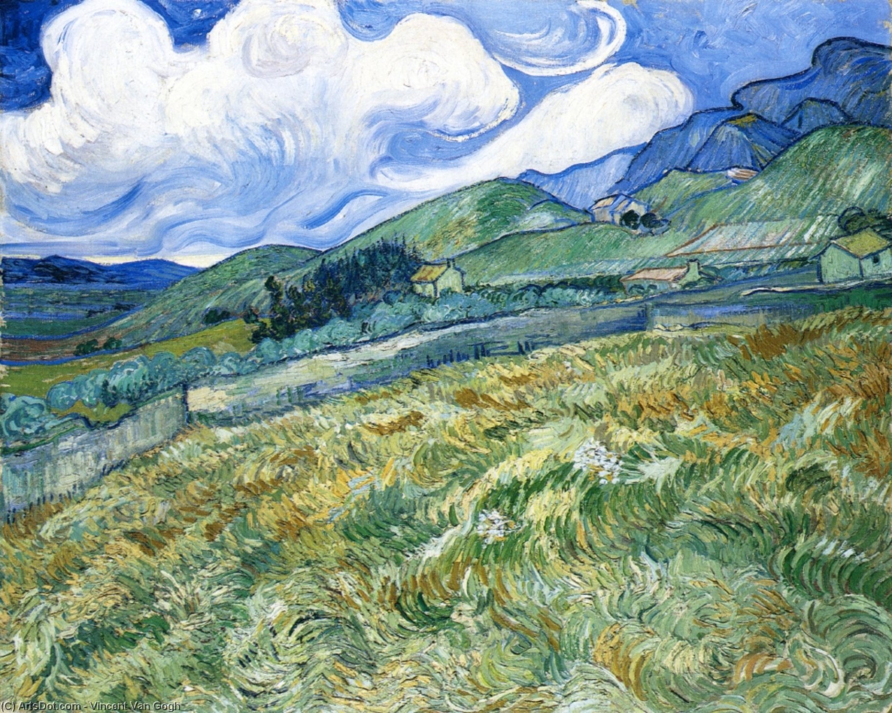 WikiOO.org – 美術百科全書 - 繪畫，作品 Vincent Van Gogh - 麦田 有山  在 背景 ( 也被称为 山 风景  看到  跨越 墙 )