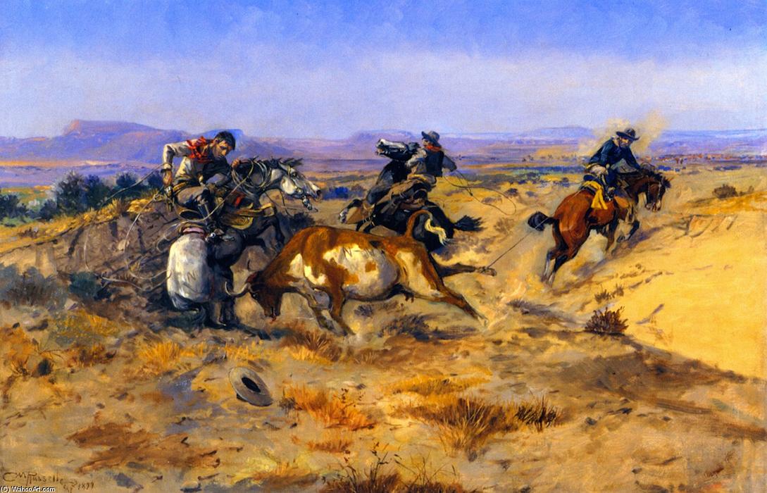 WikiOO.org - 백과 사전 - 회화, 삽화 Charles Marion Russell - When Cowboys Get in Trouble (also known as The Mad Cow)