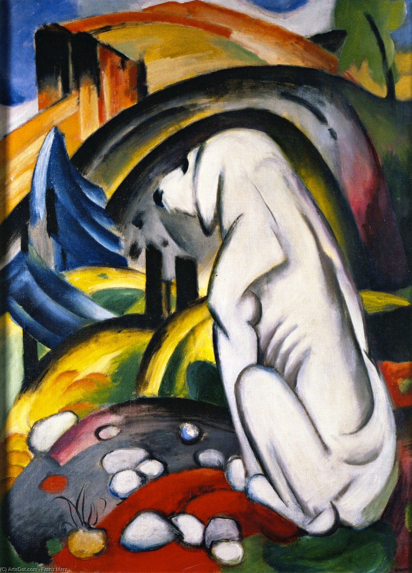 Wikioo.org - The Encyclopedia of Fine Arts - Painting, Artwork by Franz Marc - The White Dog (also known as Dog in front of the World)