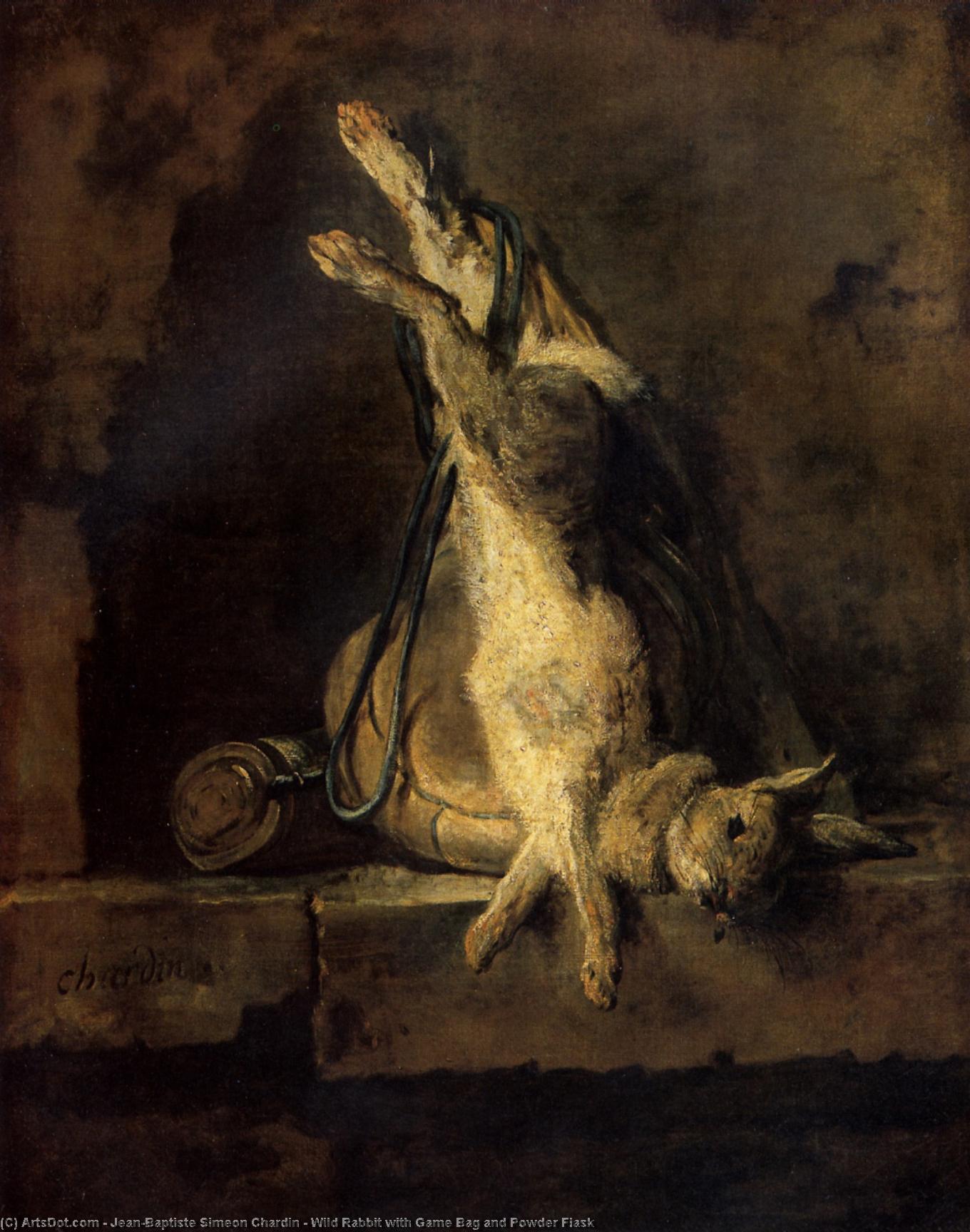 Wikioo.org – La Enciclopedia de las Bellas Artes - Pintura, Obras de arte de Jean-Baptiste Simeon Chardin - conejo salvaje enestado  juego  bolso  asícomo  en polvo  matraz