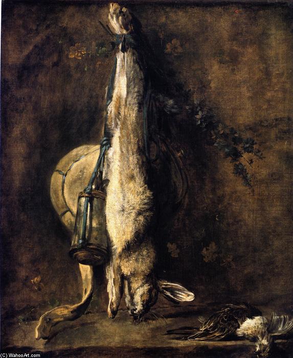 WikiOO.org – 美術百科全書 - 繪畫，作品 Jean-Baptiste Simeon Chardin - 野生 兔子 与 游戏 袋 , 粉末 烧瓶 , 画眉 和云雀
