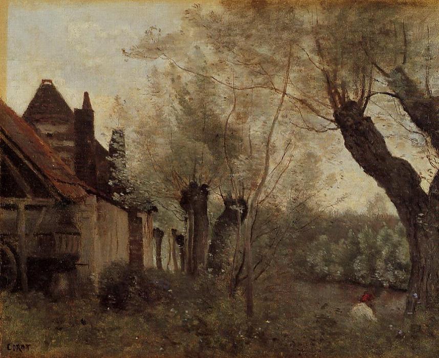 WikiOO.org - אנציקלופדיה לאמנויות יפות - ציור, יצירות אמנות Jean Baptiste Camille Corot - Willows and Farmhouses at Saint-Catherine-les Arras