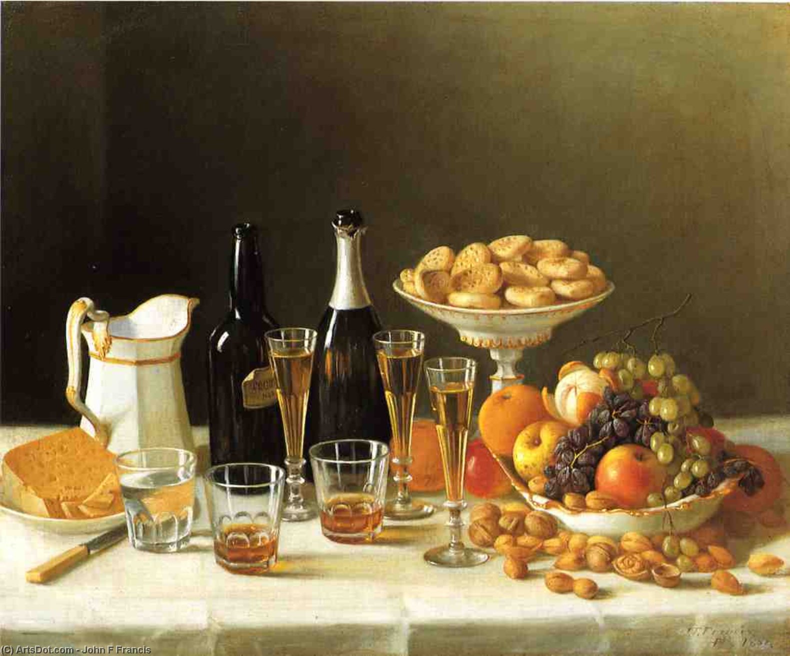 Wikioo.org - The Encyclopedia of Fine Arts - Painting, Artwork by John F Francis - Wine, Cheese and Fruit