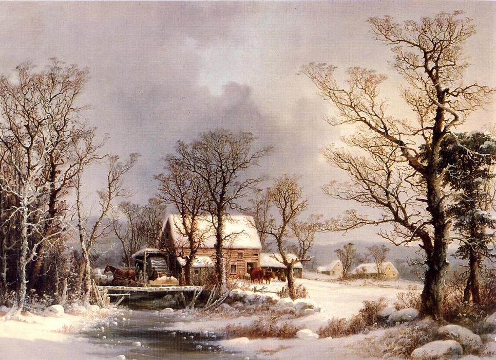 WikiOO.org - Encyclopedia of Fine Arts - Målning, konstverk George Henry Durrie - Winter in the Country, The Old Grist Mill