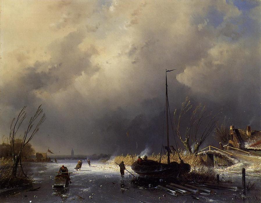 WikiOO.org - Encyclopedia of Fine Arts - Lukisan, Artwork Charles Henri Joseph Leickert - A Winter Landscape with Skaters