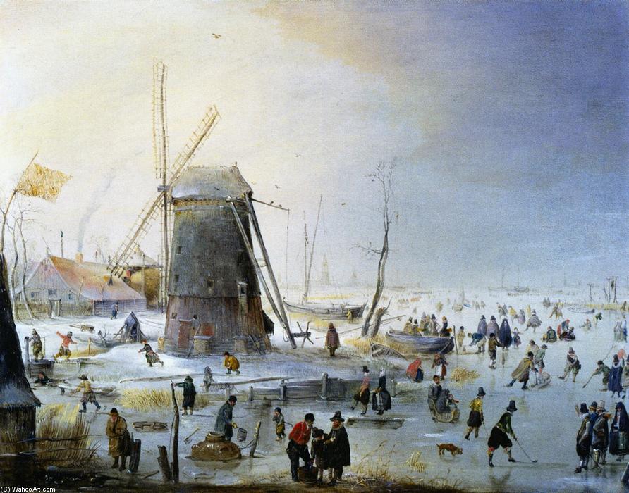 Wikioo.org - The Encyclopedia of Fine Arts - Painting, Artwork by Hendrick Avercamp - Winter Landscape with a Windmill