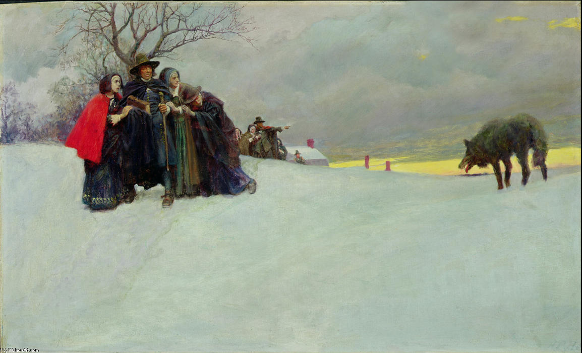 Wikioo.org - The Encyclopedia of Fine Arts - Painting, Artwork by Howard Pyle - A Wolf Had Not Been Seen at Salem for Thirty Years