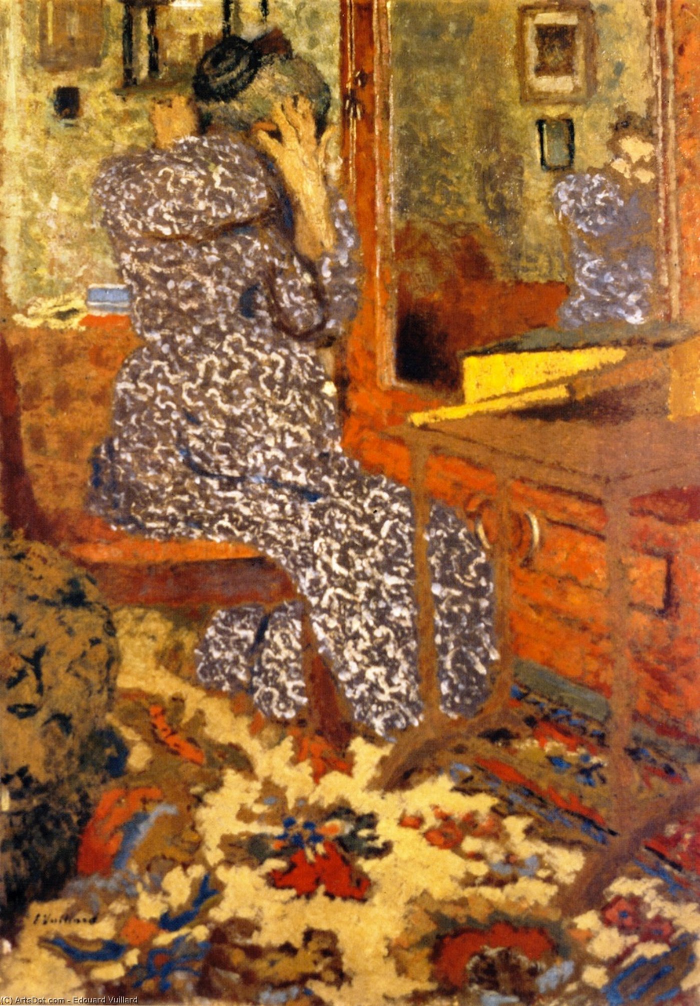 Wikioo.org - The Encyclopedia of Fine Arts - Painting, Artwork by Jean Edouard Vuillard - Woman Arranging Her Hair (also known as Mme Vuillard in front of the Mirror)