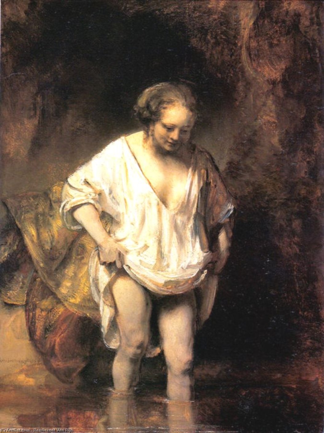 Wikioo.org – L'Enciclopedia delle Belle Arti - Pittura, Opere di Rembrandt Van Rijn - donna fare il bagno contro  Un  flusso