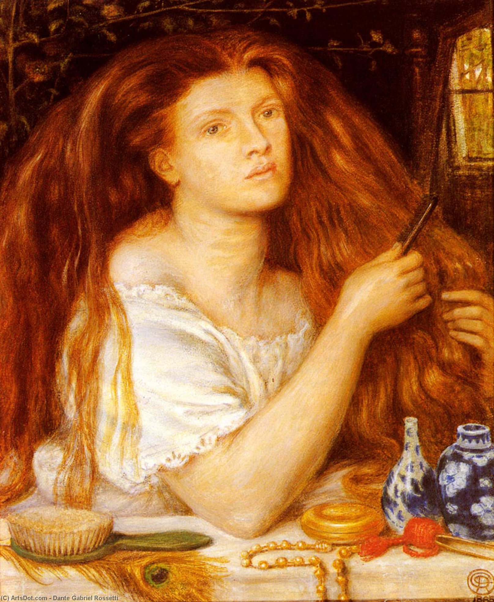 WikiOO.org - Encyclopedia of Fine Arts - Maleri, Artwork Dante Gabriel Rossetti - Woman Combing Her Hair