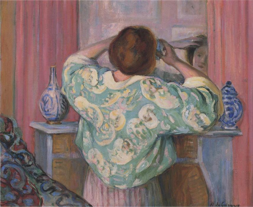 Wikioo.org - The Encyclopedia of Fine Arts - Painting, Artwork by Henri Lebasque - Woman doing her hair at the mirror