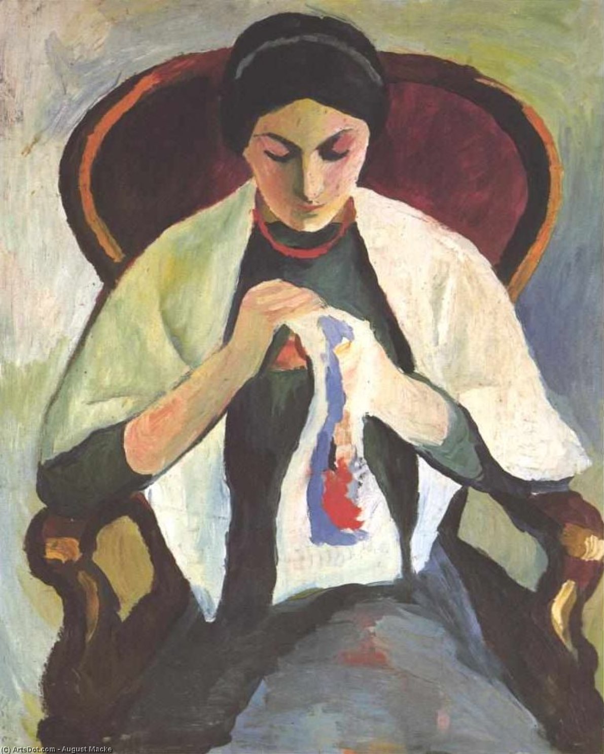 Wikioo.org – La Enciclopedia de las Bellas Artes - Pintura, Obras de arte de August Macke - mujer bordado en una butaca : Retrato de la Artist's Esposa