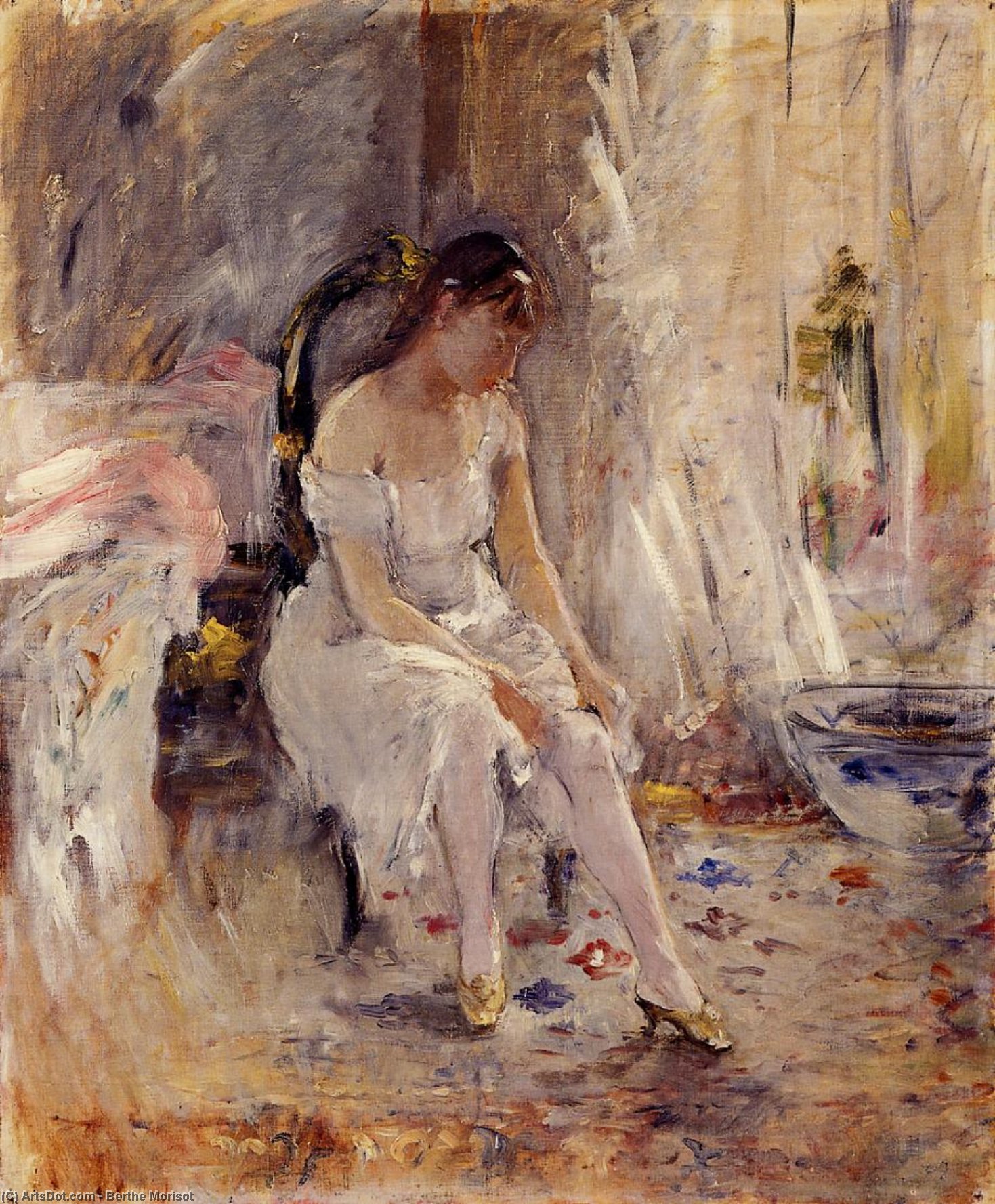 Wikioo.org - The Encyclopedia of Fine Arts - Painting, Artwork by Berthe Morisot - Woman Getting Dressed (also known as Young Woman Fastening Her Stockings)