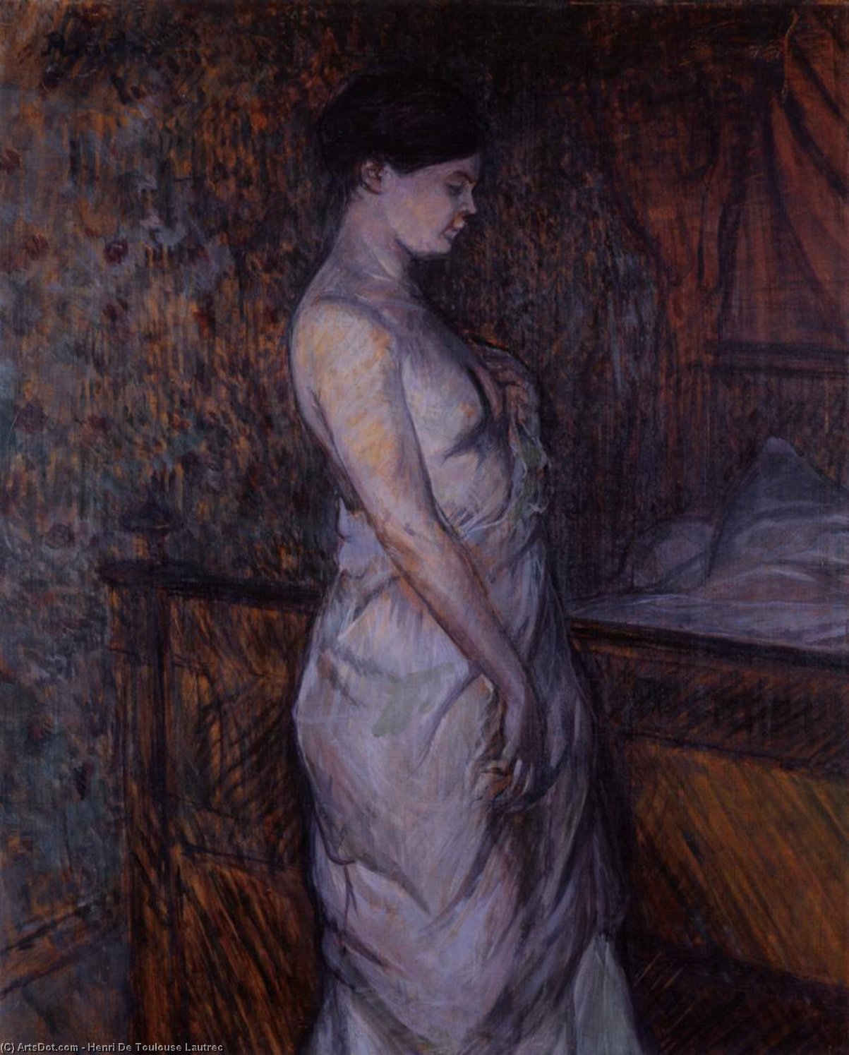 Wikioo.org - The Encyclopedia of Fine Arts - Painting, Artwork by Henri De Toulouse Lautrec - Woman in a Chemise Standing by a Bed (also known as Madame Poupoule)