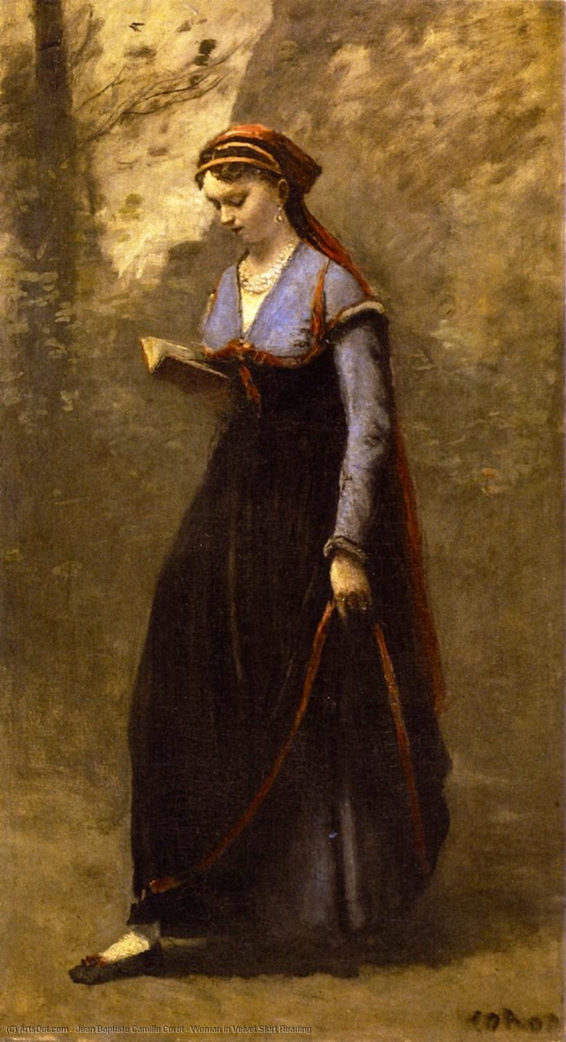 Wikioo.org - The Encyclopedia of Fine Arts - Painting, Artwork by Jean Baptiste Camille Corot - Woman in Velvet Skirt Reading