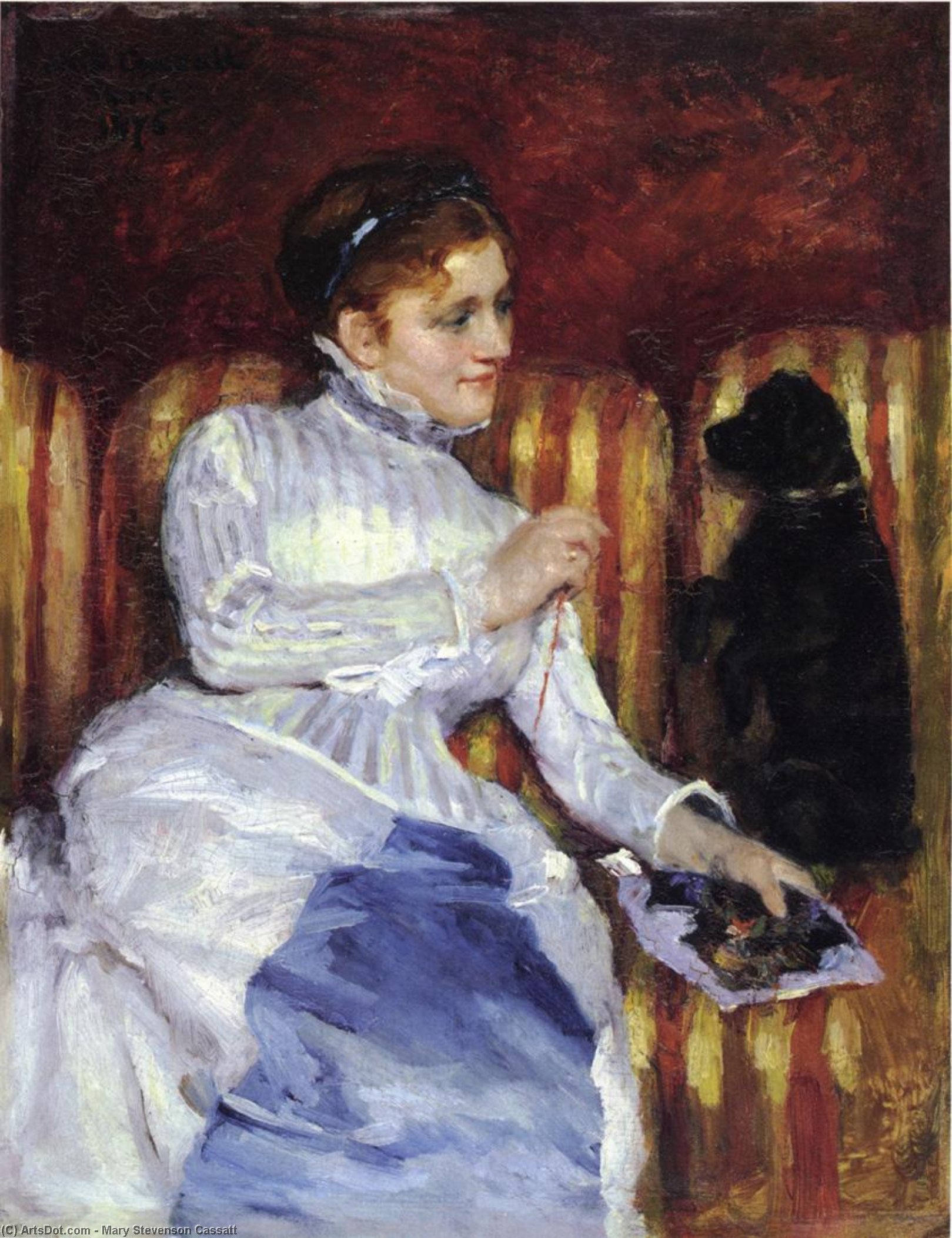 Wikioo.org - The Encyclopedia of Fine Arts - Painting, Artwork by Mary Stevenson Cassatt - Woman on a Striped with a Dog (also known as Young Woman on a Striped Sofa with Her Dog)