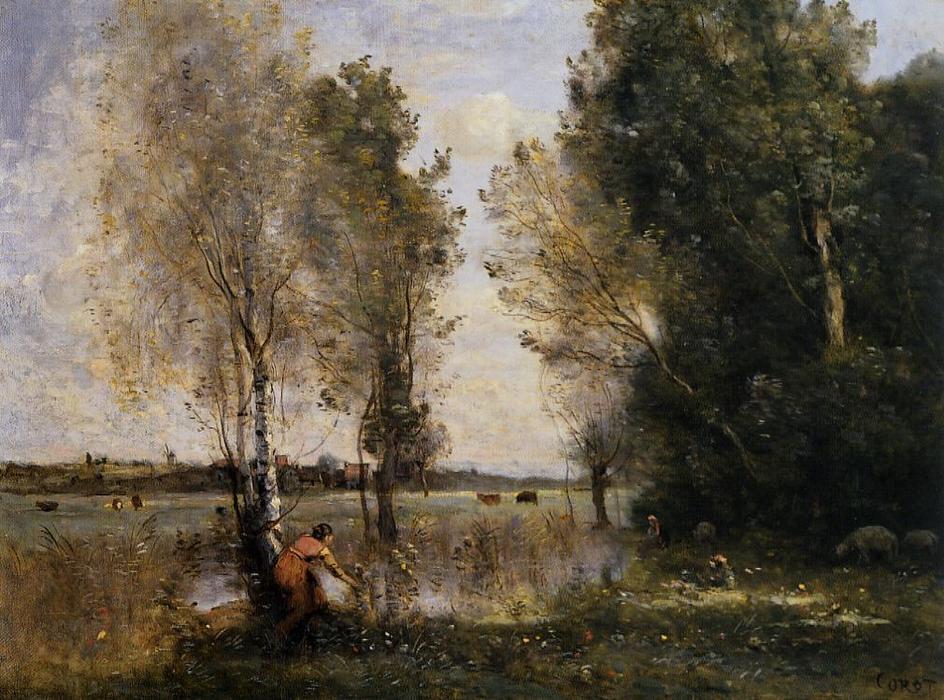 Wikioo.org - The Encyclopedia of Fine Arts - Painting, Artwork by Jean Baptiste Camille Corot - Woman Picking Flowers in a Pasture