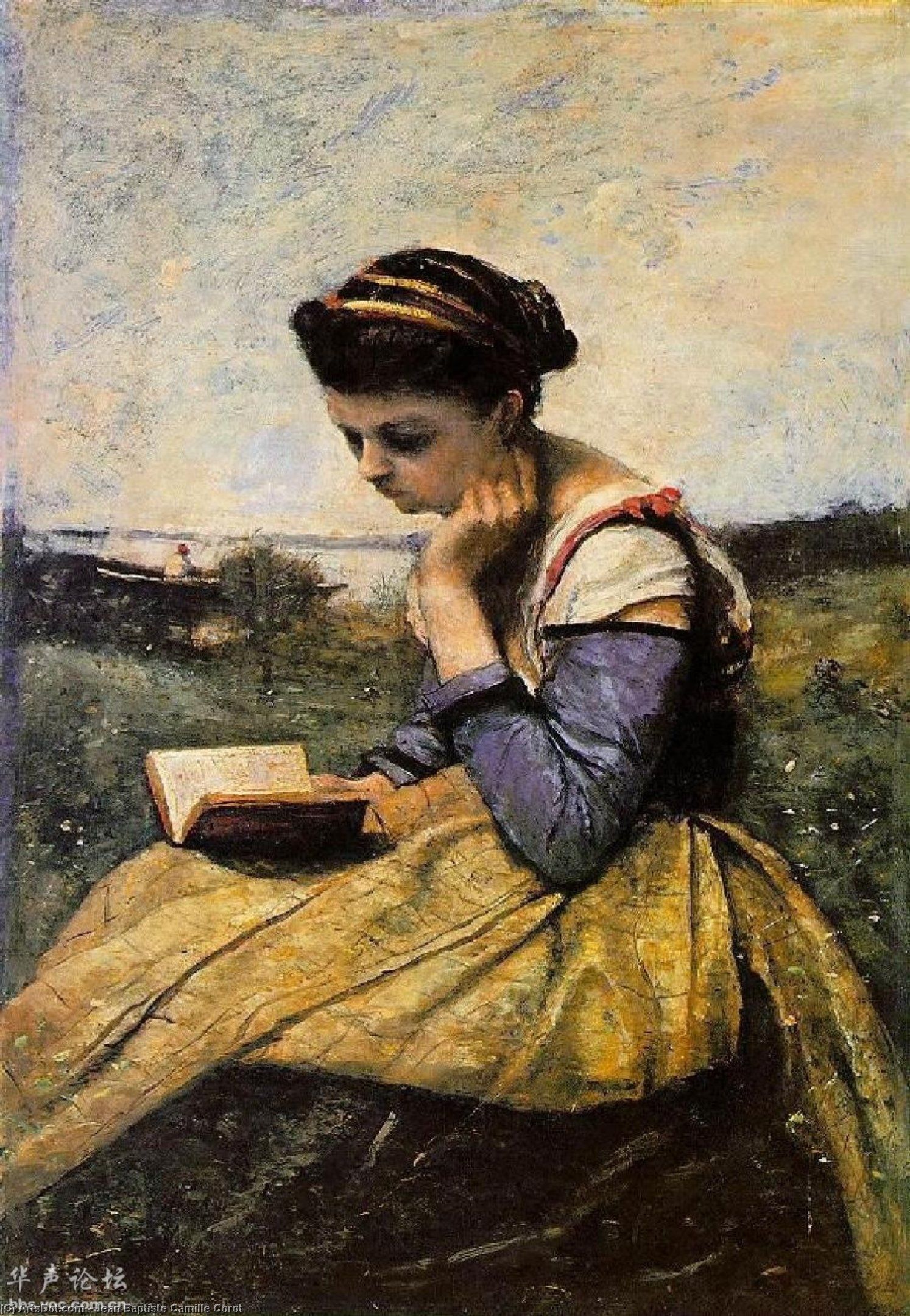 WikiOO.org - Encyclopedia of Fine Arts - Maleri, Artwork Jean Baptiste Camille Corot - Woman Reading in a Landscape