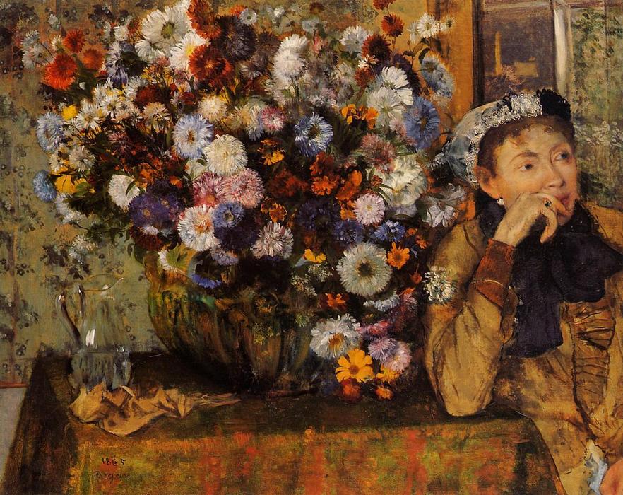 WikiOO.org - Энциклопедия изобразительного искусства - Живопись, Картины  Edgar Degas - девушка Сидящего рядом ваза с цветами ( известно также, в качестве sardela )