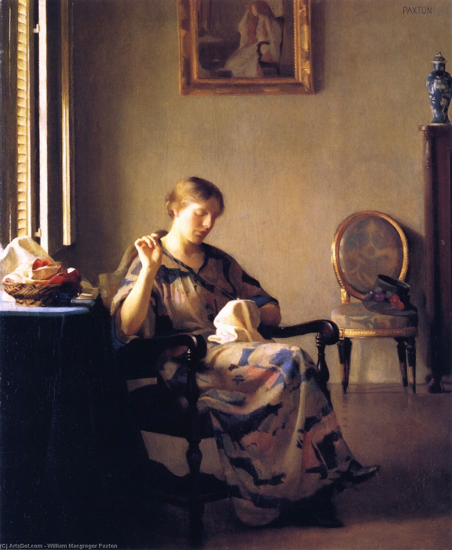 Wikioo.org - The Encyclopedia of Fine Arts - Painting, Artwork by William Macgregor Paxton - Woman Sewing
