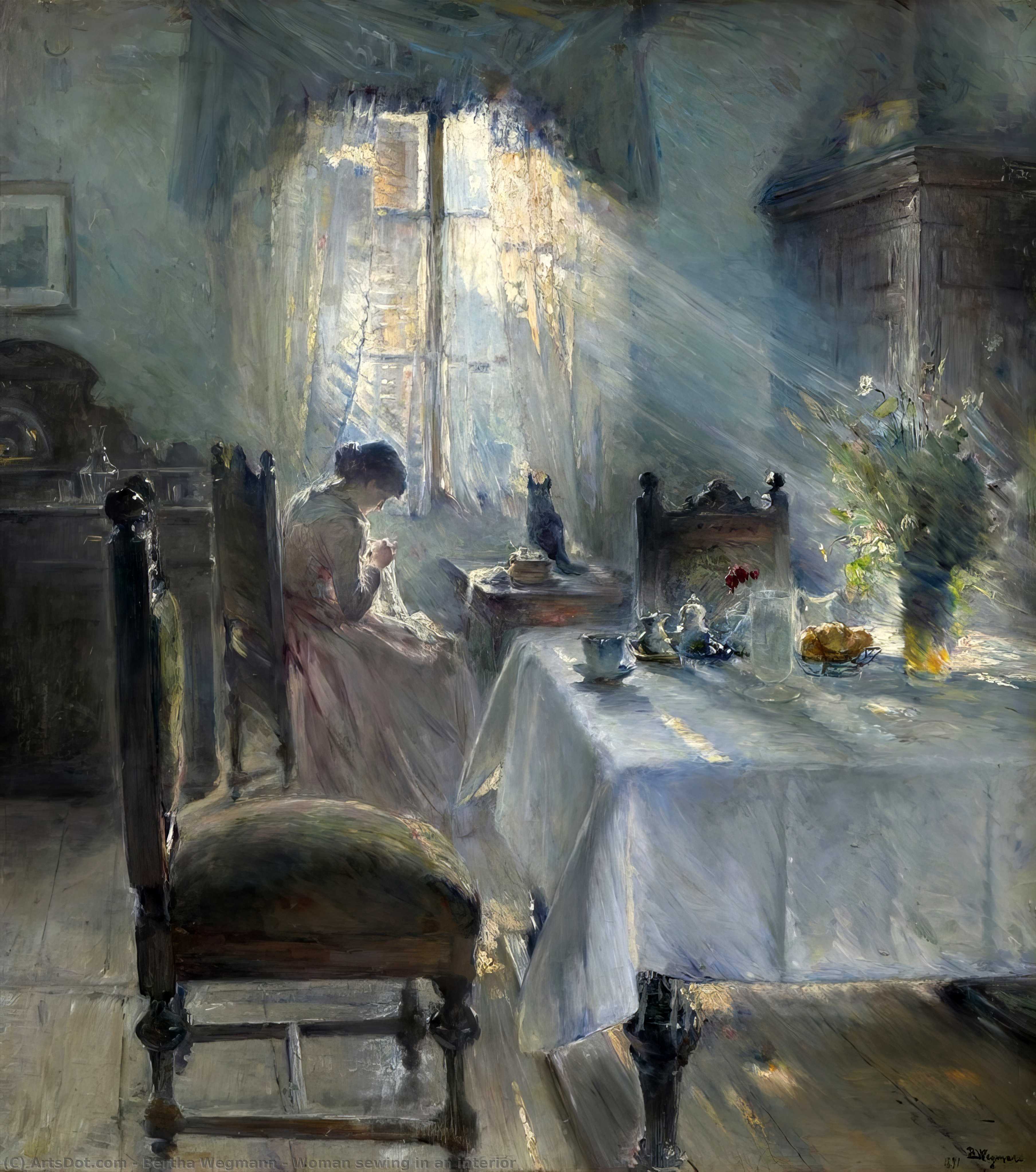 Wikioo.org - The Encyclopedia of Fine Arts - Painting, Artwork by Bertha Wegmann - Woman sewing in an interior