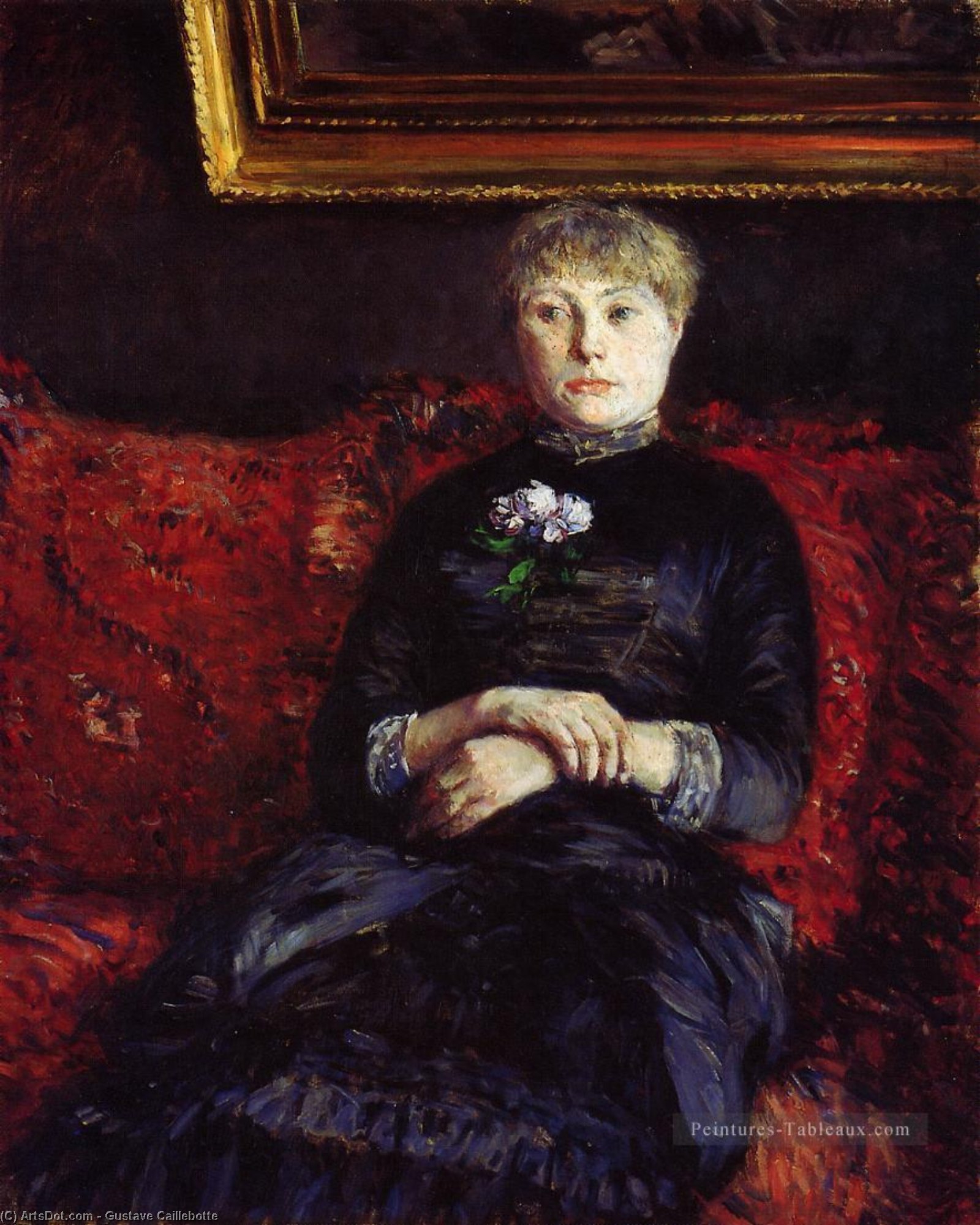 Wikioo.org – L'Encyclopédie des Beaux Arts - Peinture, Oeuvre de Gustave Caillebotte - femme assis sur  une  rouge  fleuries  canapé