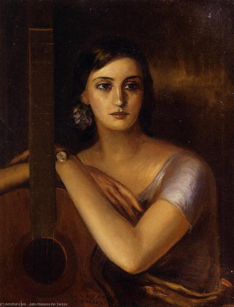 Wikioo.org - The Encyclopedia of Fine Arts - Painting, Artwork by Julio Romero De Torres - Woman with a Guitar