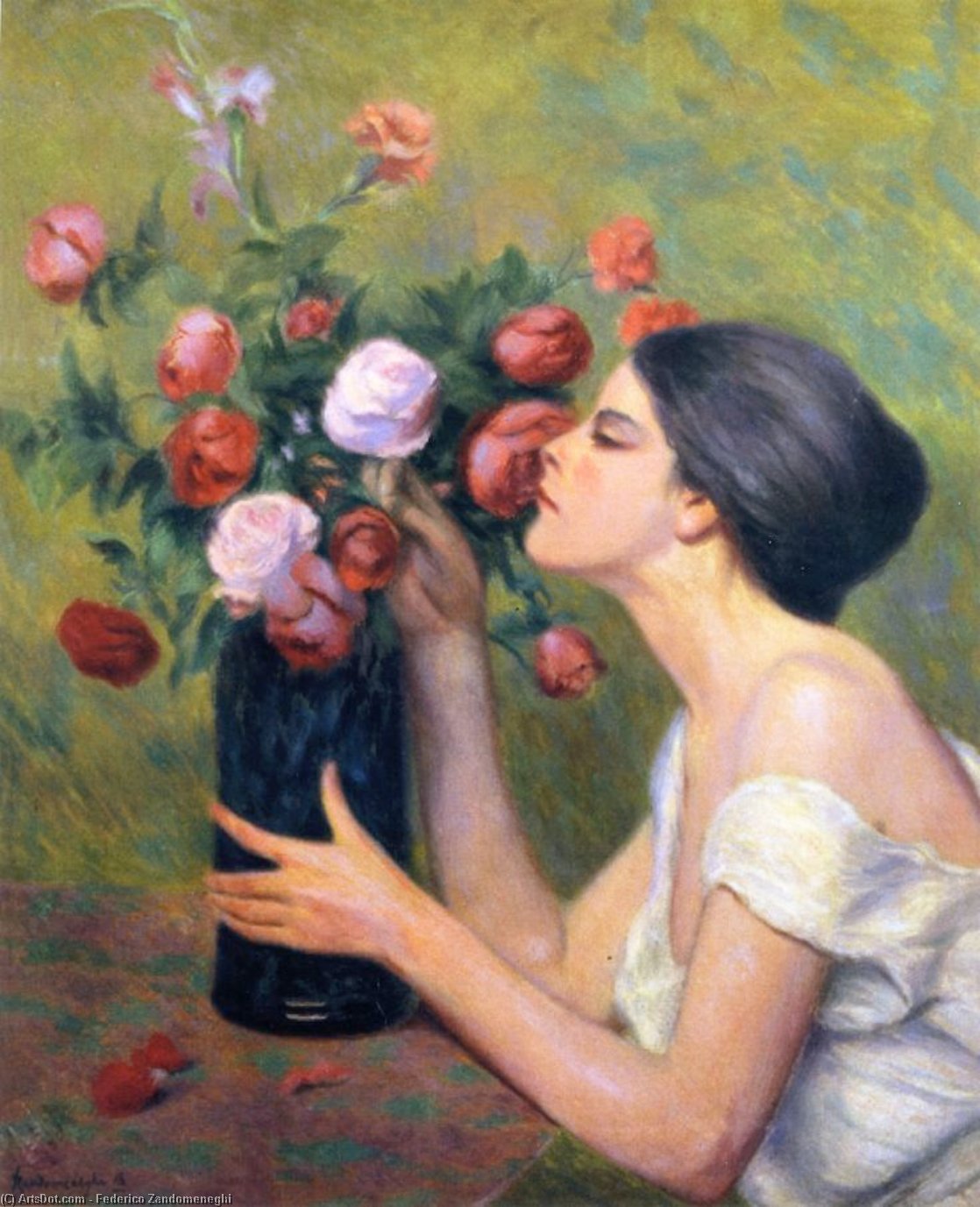 Wikioo.org - The Encyclopedia of Fine Arts - Painting, Artwork by Federico Zandomeneghi - Woman with Rose Bouquet