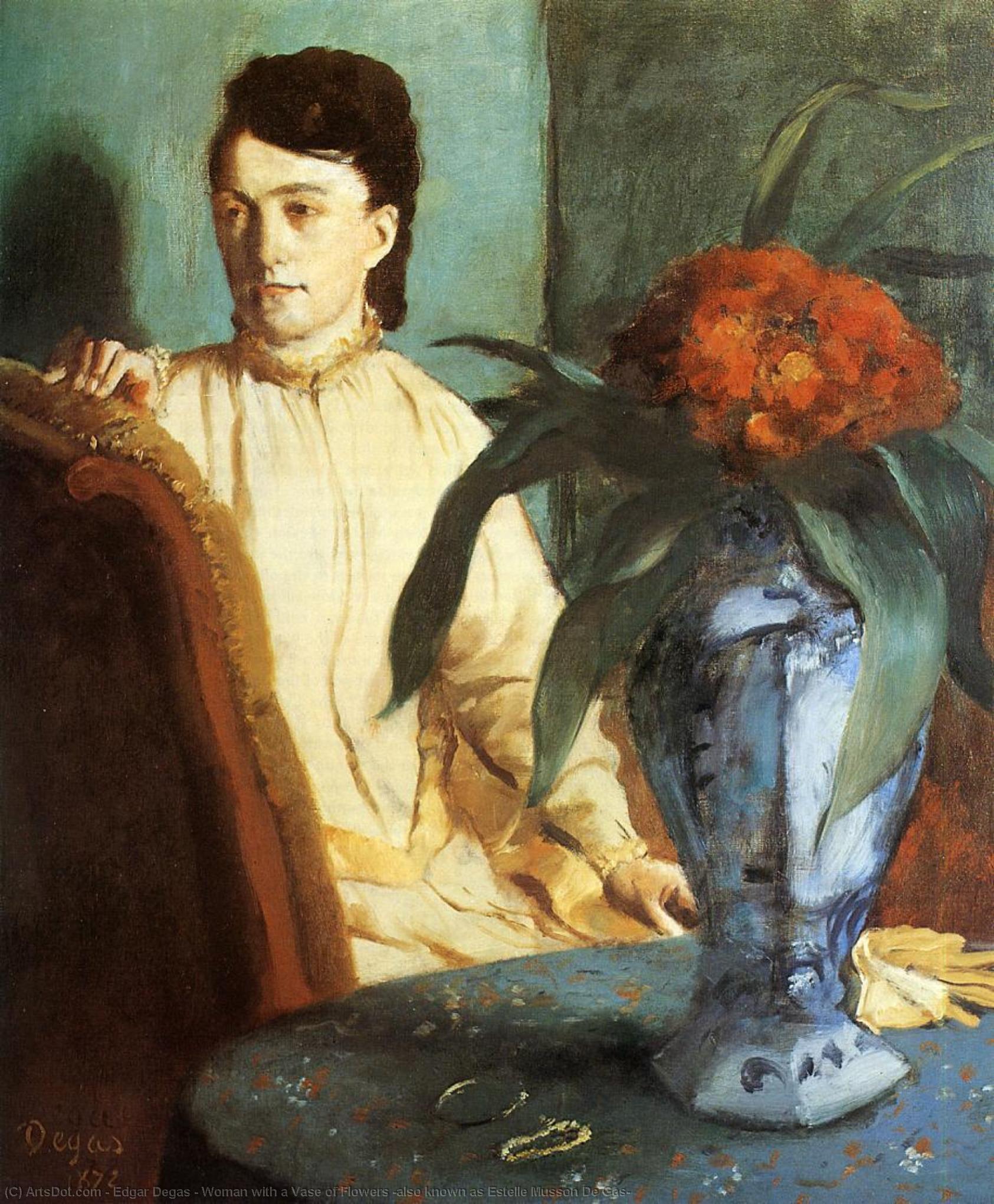 Wikioo.org - The Encyclopedia of Fine Arts - Painting, Artwork by Edgar Degas - Woman with a Vase of Flowers (also known as Estelle Musson De Gas)