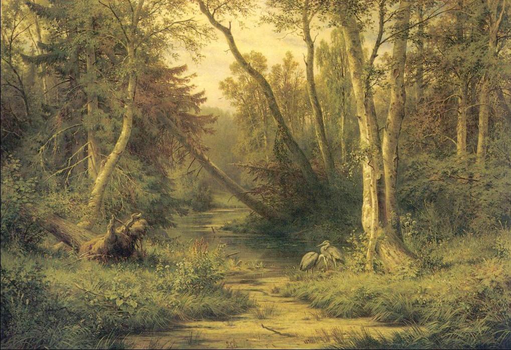 Wikioo.org - The Encyclopedia of Fine Arts - Painting, Artwork by Ivan Ivanovich Shishkin - Woodland scenery with herons