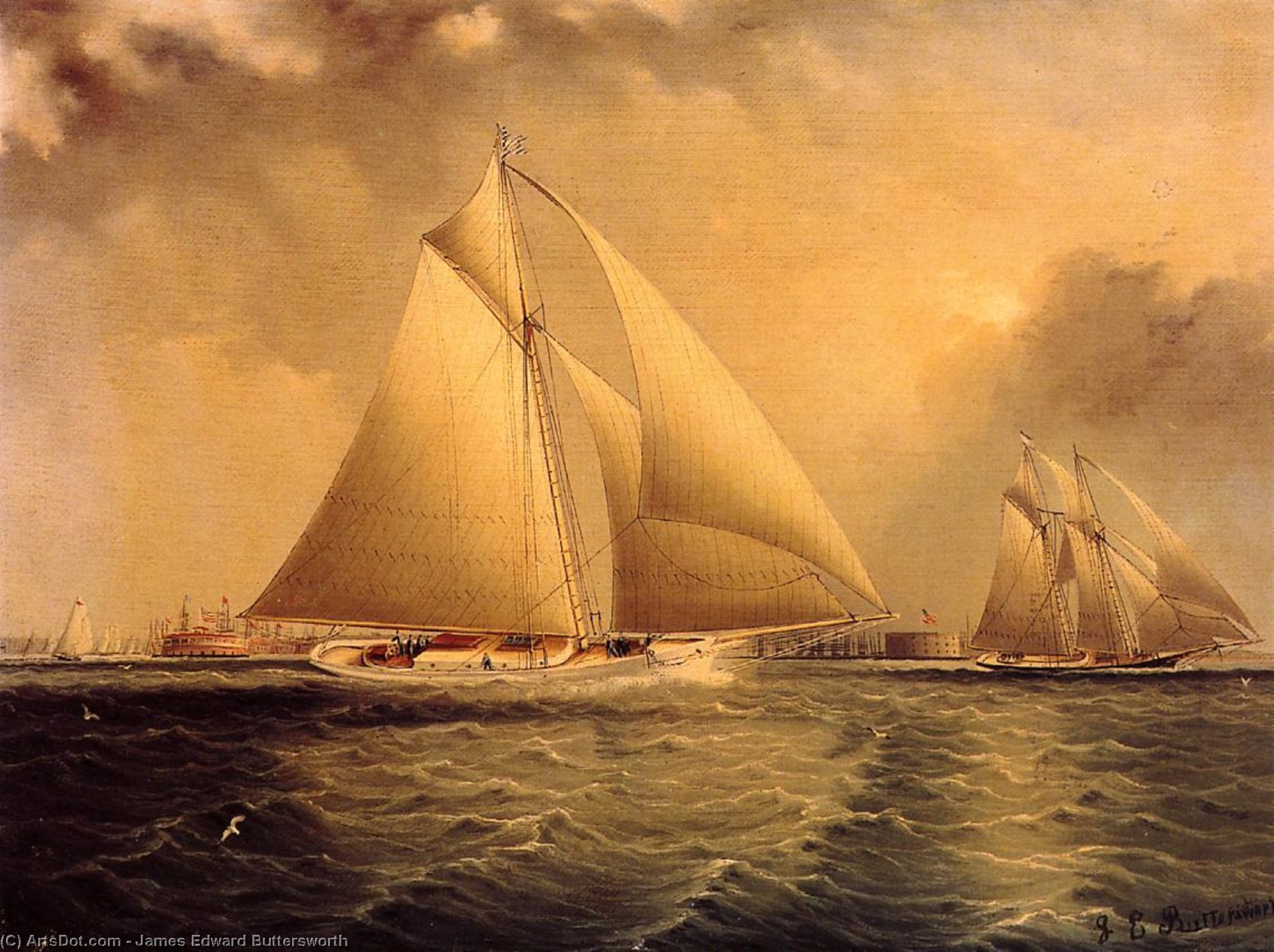 Wikioo.org - สารานุกรมวิจิตรศิลป์ - จิตรกรรม James Edward Buttersworth - Yachting in New York Harbor