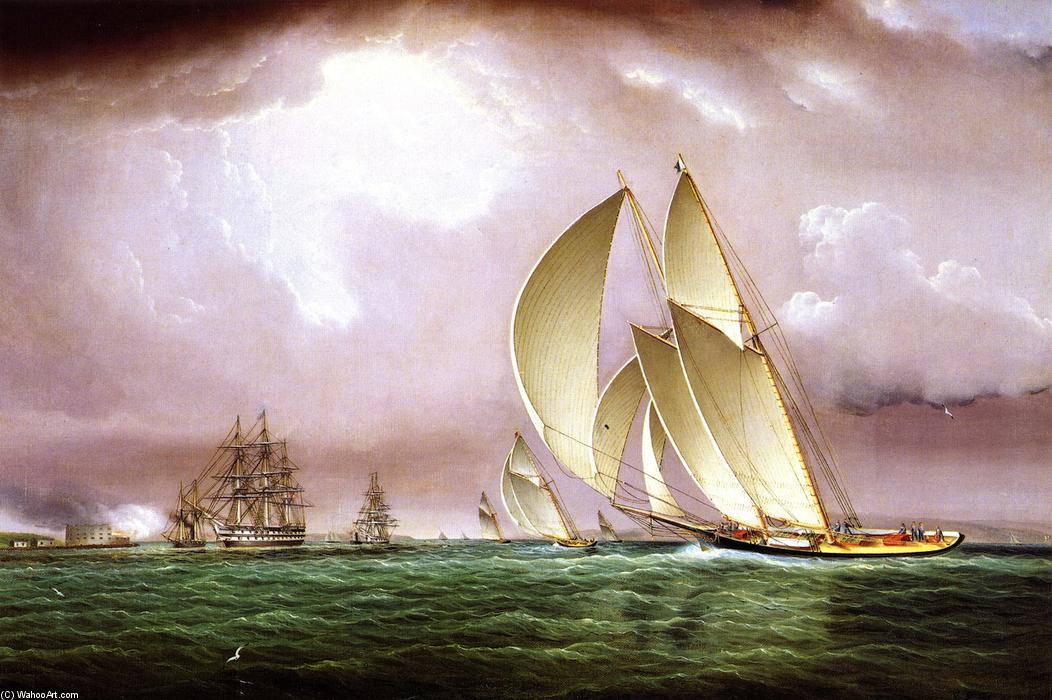 Wikioo.org - The Encyclopedia of Fine Arts - Painting, Artwork by James Edward Buttersworth - Yachting Race in New York Harbor with Naval Salute and Castle Williams on Governors Island